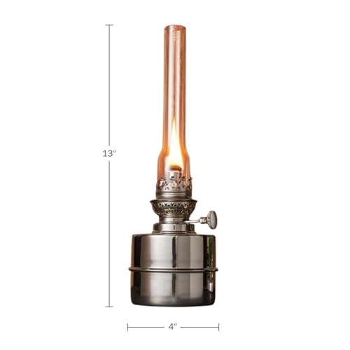 Kings County Tools Oil Lamp - 13” Extra-Bright Hurricane Lamp with Antique-Style Nickel Body and Glass Chimney - Decorative Kerosene Lantern with Adjustable Wick - Oil Lamps for Indoor Use