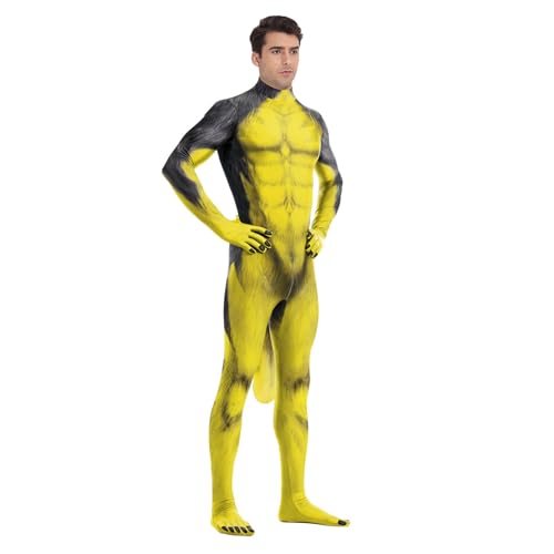 Image of Animal Full Bodysuit for Men Muscle Spandex Jumpsuit Furry Costume with Big Tail for Adult Cosplay Halloween Party
