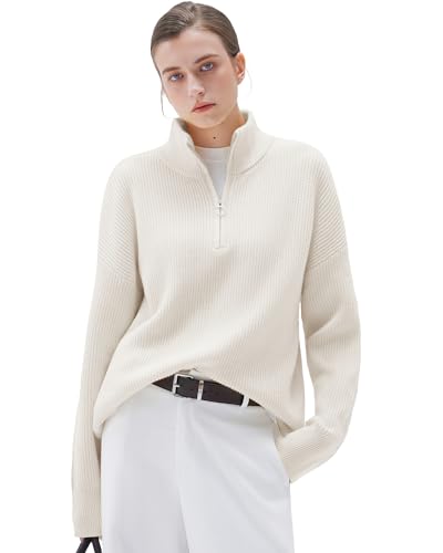 SUUKSESS Women Cashmere Oversized Quarter Zip Pullover Sweater Long Sleeve