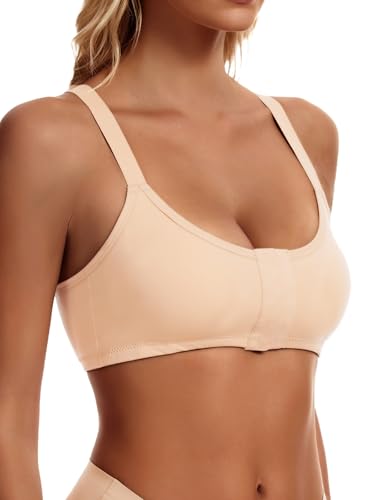 Leovqn Post Surgery Bras Removable Padding Compression Bra Front Closure Elastic Bands Mastectomy Wireless Daily Bras Nude XL