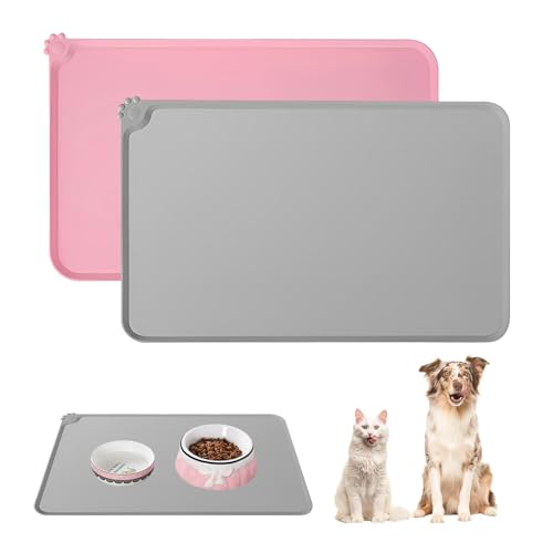 Set di 2 ciotole per cani e gatti, in silicone, impermeabili, antiscivolo, per cani e gatti, 48 x 30 cm, colore nero e grigio (rosa + grigio, 48 x 30 cm)