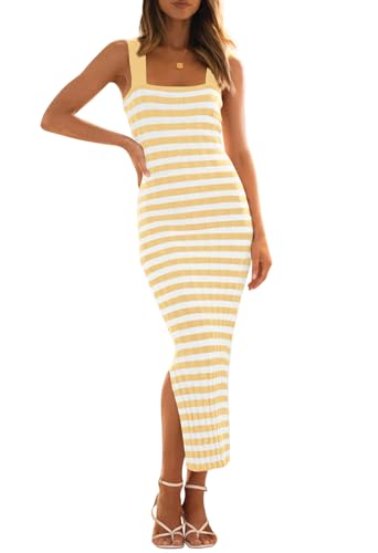 Image of MEROKEETY Womens Summer Striped Bodycon Midi Dress 2026 Beach Vacation Sleeveless Tank Ribbed Knit Baby Shower Sweater Dress