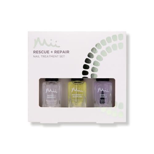 Image of Mii Rescue + Repair Nail Treatment Set | Nail Treatment for Weak and Damaged Nails, All-in-One Kit to Restore and Protect Nails | Strengthening Base Coat, High Gloss Top Coat, Cuticle Oil | Pack of 3