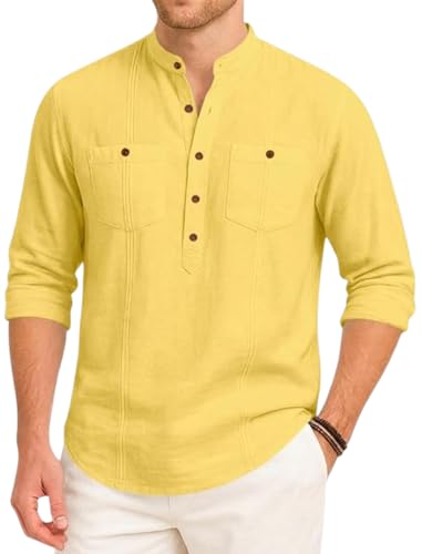 Image of ROYALSCOUT Men's Cotton Polyester Blend Kurta Style Shirt with Mandarin Collar, Half Button Placket, Dual Chest Pockets, Long Sleeve Casual Ethnic Fusion Wear for Office, Festive and Daily Use