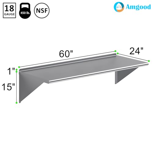 Image of AmGood 60 inch Long X 24 inch Deep Stainless Steel Wall Shelf | NSF Certified | Appliance & Equipment Metal Shelving | Kitchen, Restaurant, Garage, Laundry, Utility Room
