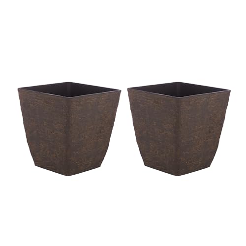 Alpine Corporation Indoor/Outdoor Stone-Look Squared Planter, Medium, Brown (Set of