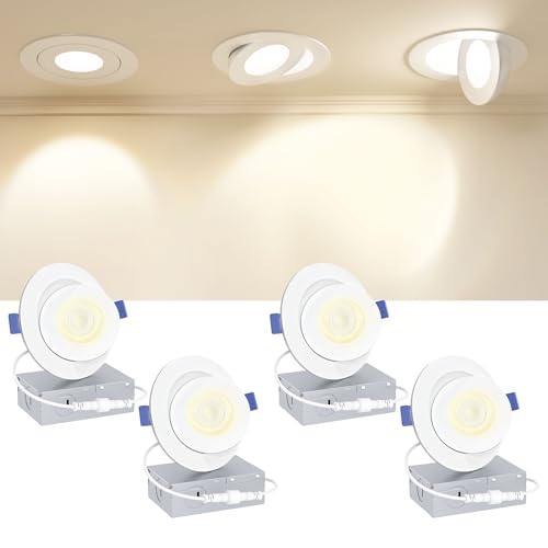 Ensenior 4 Pack 4 inch Gimbal Led Recessed Light with Junction Box, 90° Adjustable Directional Eyeball Lighting, Dimmable, 2700K/3000K/3500K/4000K/5000K, 900LM, 9W=85W-ETL&FCC Certified