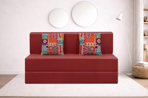Image of Rosebell Two Seater Foldable Sofa Cum Bed (4x6 Feet) Jute Fabric, Washable Removable Cover, Includes Cushion | Space Saving Convertible Sofa Bed for Home, Office & Guests - Red Color