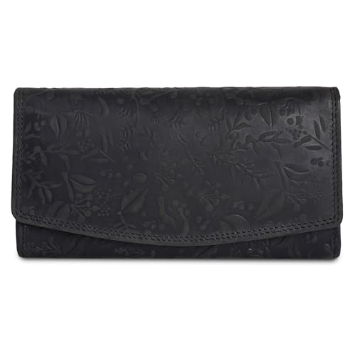VALENCHI Leather Wallet For Women RFID Blocking Slim Minimalist Ladies Long Clutch Purse Organizer Credit Card Holder Slots with Zipper Pocket (Black Oily Hunter)