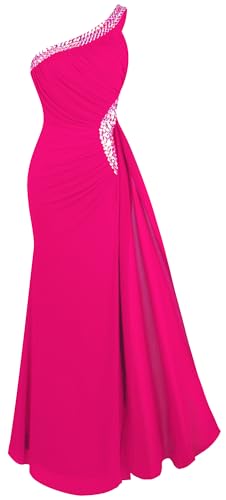 Angel-fashions - Robe de soirée douce et asymétrique laissant une épaule dénudée, ornée de perles et de fronces, 36