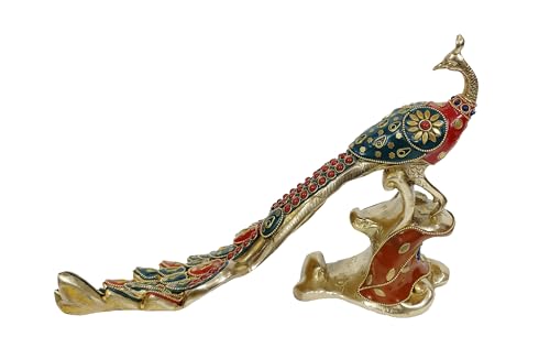 Image of Brass Vintage Peacock Figurine with Colorful Stonework 11.5-Inch - Traditional Indian Mayur Bird Statue, Majestic Tabletop Showpiece for Living Room