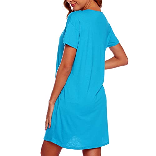 Enjoynight Womens Cotton Nightgown Short Sleeves Sleepshirt Print Nightshirt (Lake Blue, Large-X-Large) #TOP4