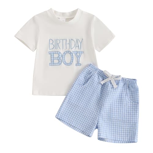 Frietlebird First Birthday Outfit Boy 1st Birthday Outfit Boy Short Sleeve Letters Print Shirt Shorts Set Baby Summer Birthday Clothes (A-White Blue,12-18 Months)