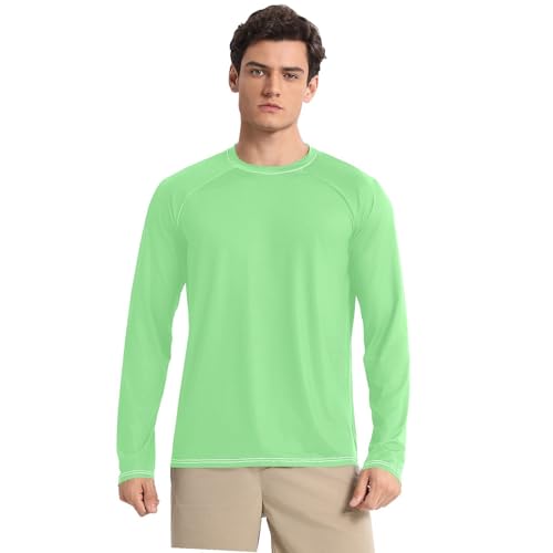 Light Green UPF 50+ Long Sleeve Sun Shirt Loose Type Round Neck Mens Sun Protection Long Sleeve Water Fishing