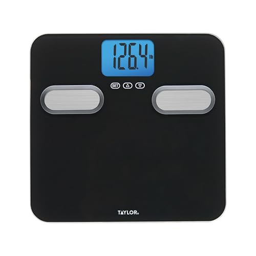 Taylor Smart Body Composition Scale with Precision Hub App, Digital Bathroom Scale for Body Weight, Body Fat, Water, Muscle Mass & BMI, 400 lb Capacity, Backlit Display, Glass Platform, Black