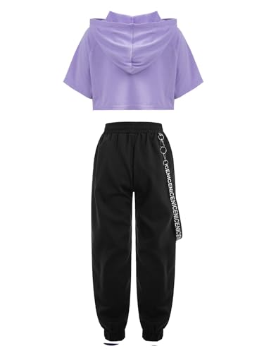 YiZYiF Kids Girls Hip Hop Dance Clothes Short Sleeve Hooded Crop Top with Sweatpants Sets Sport Active Outfits2
