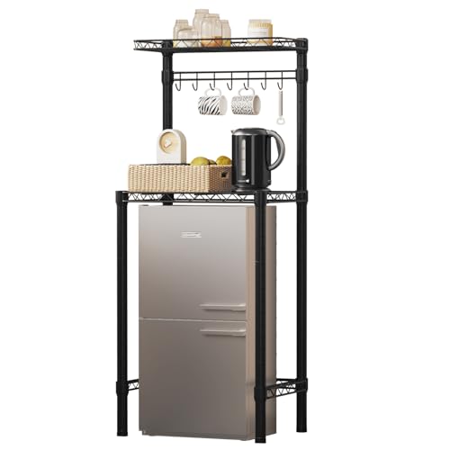 Uptyia Estantería sobre Nevera para Mini Refrigerador – Organizador Metálico Ajustable De 2 Niveles con 7 Ganchos para Cocina, Baño, Dormitorio O Lavandería, 60x40x145,5 cm, Negro (Negro)