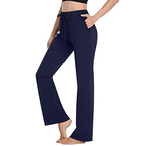 HISKYWIN Casual Comfy Drawstring Yoga Pants 4 Way Stretch Tummy Control Workout Running Pants, Long Bootleg Flare Pants HF208-Navy Blue-M
