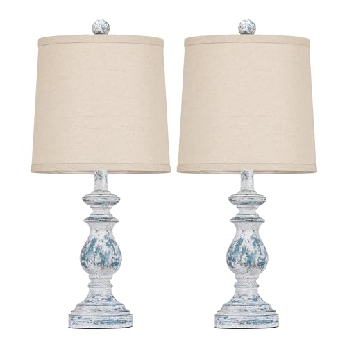 Image of PARTPHONER Traditional Table Lamp Set of 2, Rustic Farmhouse Table Lamps for Living Room Bedroom, 22 inch Bedside Desk Lamps Vintage Nightstand Lamps with Linen Shades, Washed Blue