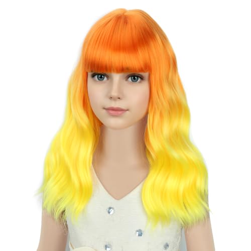Image of PATTNIUM Grils Orange Ombre Wig with Bangs Kids Short Wavy Curly Wig Orange Bob Wigs Synthetic Halloween Costume Cosplay Party Wigs