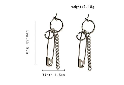 Safety Pin Chain Tassels Dangle Earrings Punk Silver Pin Dangle Earring with Hoop Jewelry for Men and Women (Silver)2