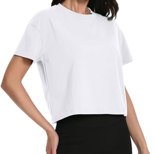 Workout Crop Tops Oversized Tshirts for Women Drop Shoulder Cotton Short Sleeve Tees Boxy Yoga Shirts 2025