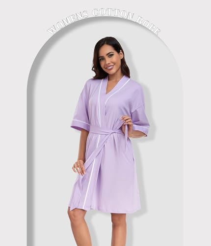 Image of ANLIQI Womens 100% Cotton Robes Lightweight Summer Short Sleeve Lady Bathrobe Knee Length Kimono Robe Sleepwear with Pockets