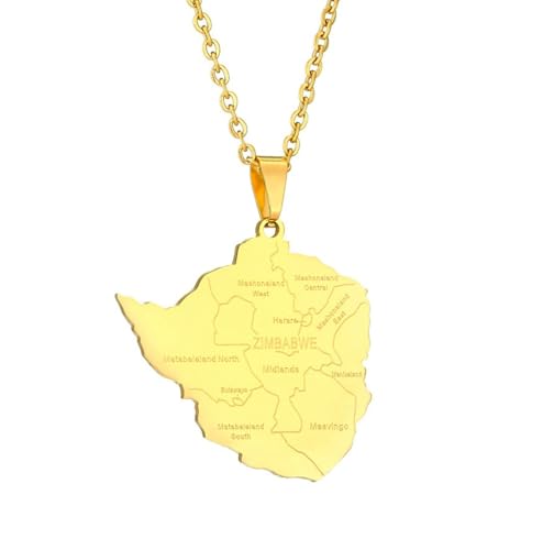 SAKVILSEC Map of Zimbabwe With City Pendant Necklaces For Women Stainless Steel Zimbabweans Maps Chains Jewelry Gift (Gold Color,60cm Chain)
