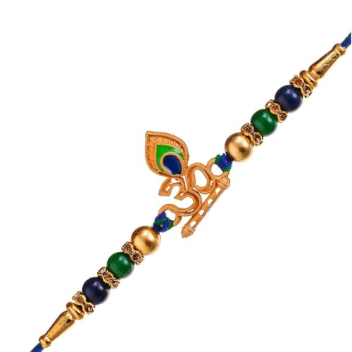 Image of eCraftIndia Designer Peacock Feather Om Rakhi for Brother with Gift Combo Set | Raksha Bandhan Rakhi for Bhai Bhaiya | Best Bro Ever Fridge Magnet | Roli Chawal Pack