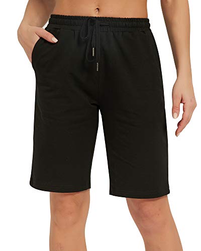 Stelle Women's 7"/ 10" Bermuda Shorts Long Comfy Cotton Sweat Shorts Summer Knee Length Lounge Shorts With Deep Pockets (Black,M) #TOP1