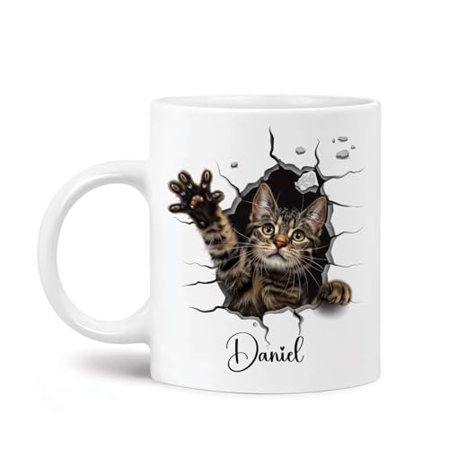Cute Custom Choose Name Cat Mug, White Ceramic Cup, Personalized Black Tabby Cat Coffee Mug, Gift For Cat Mom, Cat Dad, Customized Animal Design Cup, Hole Wall Mug, Pet Cup 11oz