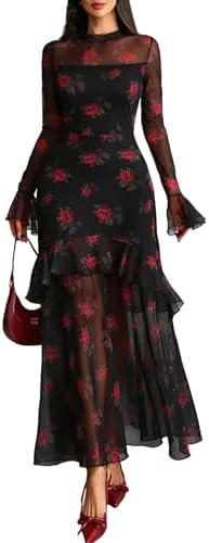 GothDark Womens Floral Maxi Dress Sheer Mesh Bell Sleeve Tiered R...