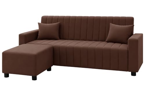 Image of Amazon Brand - Solimo 3 Seater Wooden Sofa with Ottoman | Velvet Fabric Sofa Set for Living Room | Comfortable Cushioned Couch with Footstool | Stylish Home Furniture-Brown