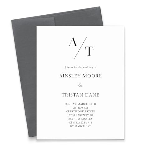 Personalized Minimalist Wedding Invitations Black and White, Simple Marriage Invites With Envelopes, Modern Elegant Wedding Invitation Cards With Initials, Your Choice of Quantity and Envelope Color