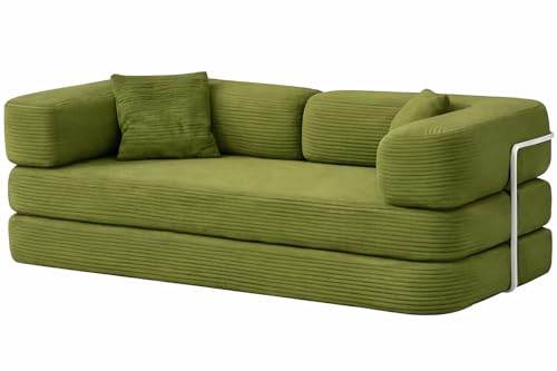 COMPRIMIBLE Ulises Sofá Modular 2 PLAZAS Convertible en Cama Familiar de Pana Suave   Sofá Cama Gigante y Versátil para Salón, Cine en Casa y Descanso, Estilo Moderno y Minimalista 96x193x63cm Verde