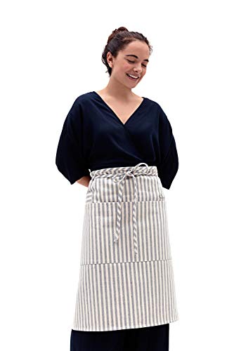 MEEMA Bistro Apron Server Aprons | 32x25 in | Striped Upcycled Cotton and Denim Apron | Long Waist Apron with Pockets | Waitress Apron, Teacher Apron, for Cooking, Crafts, Bartender Apron