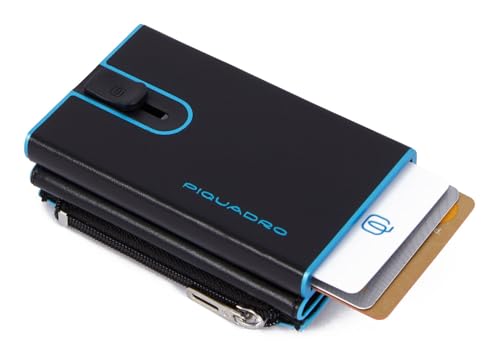 Image of Piquadro - Blue Square Metal Automatic Wallet - Men - Black | Coin compartment, Sliding mechanism, Anti-fraud protection, Slim