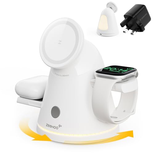 3 in 1 Charging Station for Apple Devices,Qi2 Mag-Safe Charger Stand & Light,Fast Wireless Charging Station for iPhone 17/16/15/14/13/12& AirPods & iWatch &Pixel 10 & Samsung Galaxy Watch (White)