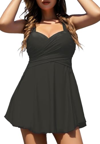 COCOPEAR Women's Elegant Crossover One Piece Swimdress Floral Skirted Swimsuit Matt Black 3XL/16-18
