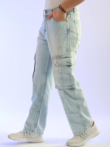 Image of The Indian Garage Co Men Relaxed Fit Solid Mid-Rise Cargo Denim
