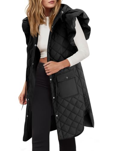 Tankaneo Womens Long Puffer Vest Ruffle Sleeve Winter Coats Hood Sleeveless Quilted Jackets Outwear