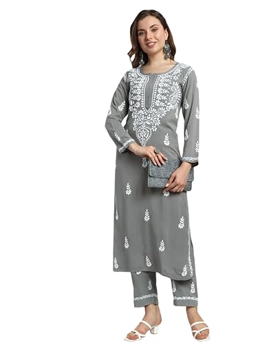 Image of BHARVITA Women's Cotton Blend Lucknowi Embroidered Chikankari Straight Kurta, with Pant Set