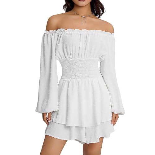Women's Fairy Pirate Corset Romper Dress Long Puff Sleeve Off The Shoulder Neck Flowy Ruffle Jumpsuit (White, S)