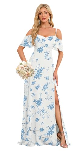 Image of Floral Chiffon Bridesmaid Dresses with Slit Off The Shoulder A Line Formal Evening Gowns US22W HGR93