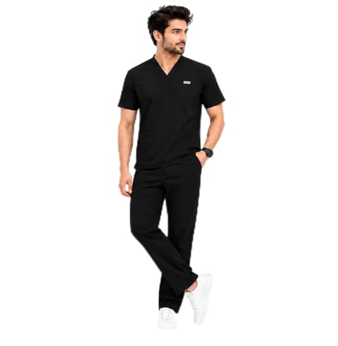 Image of Unisex Medical Scrub Suit Set, V-Neck Top with Pants, Short Sleeve, Polyester Cotton Blend, 7 Pockets, Regular Fit, Hospital Doctor Nurse Uniform