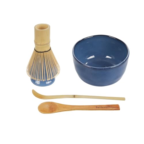 BambooMN Matcha Bowl Set (Includes Bowl, Rest, Tea Whisk, Chasaku & Tea Spoon) 2 Sets Dark Blue