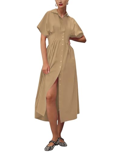 Image of Yeokou Shirt Dress for Women Summer Casual Short Sleeve Button Down Loose Pleated Maxi Sundress with Pockets