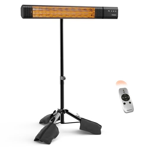 PowerScale Outdoor Heaters for Patio Electric with Tripod Stand, 1500W Infrared Electric Patio Heater, IP65 Rated, 4 Heat Levels & 24H Timer with Remote, For Covered Outdoor/Indoor & Spot Heating