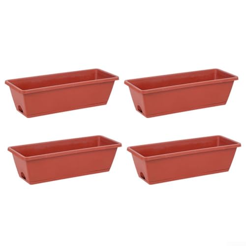 Zilimontt 4 cajas rectangulares de plástico para plantas de 42 cm, con orificios de drenaje y bandeja para alféizares, jardines y balcones (ladrillo rojo)