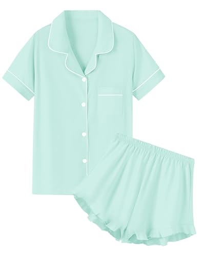 QZH.DUAO Pajama Sets,100% Cotton Button up Soft Sleepwear with Ruffle 2PCS PJ Set Nightwear, Mint Green, 5-6 Years = Tag 130